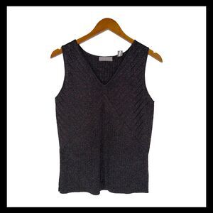 Kate Hill Black Gold Sparkle Knit Tank V-Neck Y2K Minimal Evening Top M